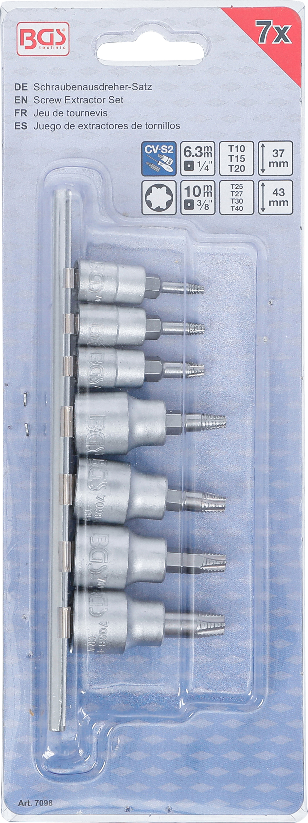 BGS Schraubenausdreher-Bit-Einsatz-Satz | Antrieb Innenvierkant 6,3 mm (1/4") / 10 mm (3/8") | für defektes T-Profil (für Torx) | T10 - T40 | 7-tlg.