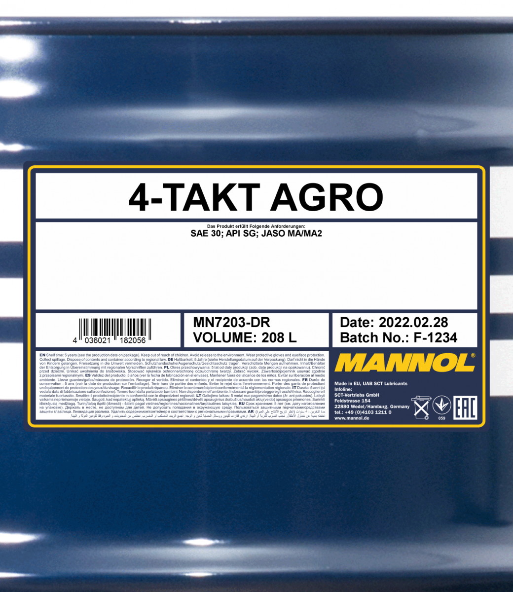 Mannol 7203 4-Takt Agro SAE 30 Rasenmäheröl Motoröl 208 Liter