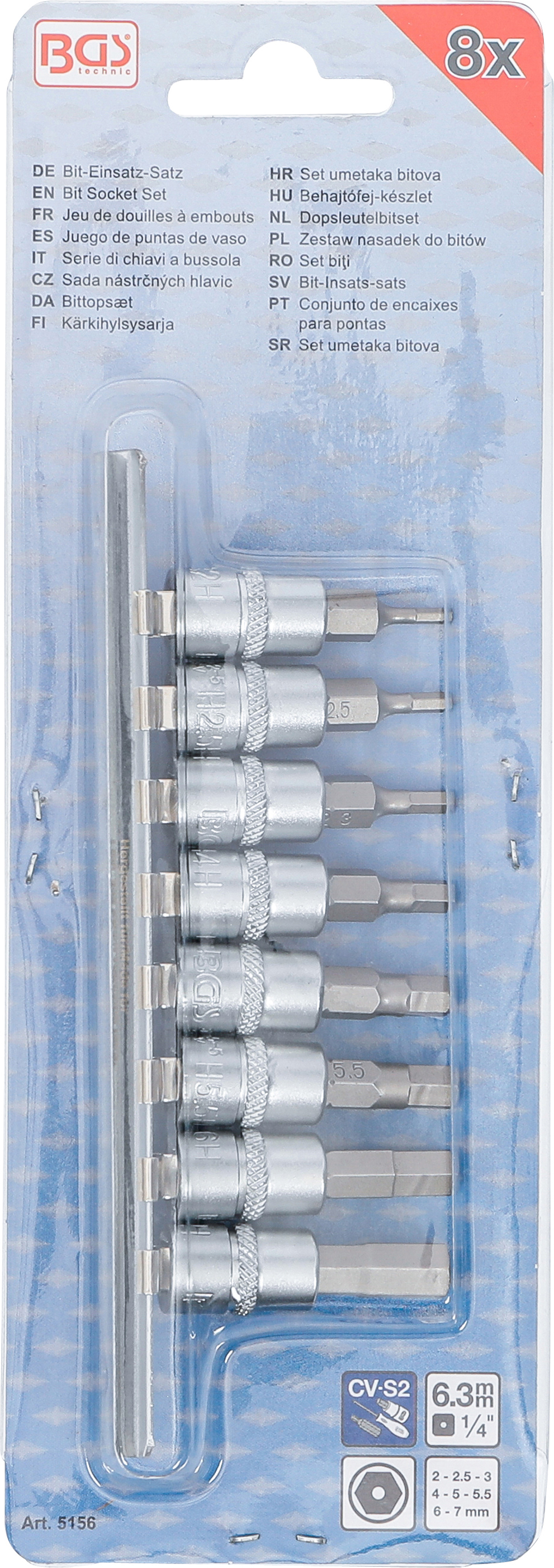 BGS Bit-Einsatz-Satz | Antrieb Innenvierkant 6,3 mm (1/4") | Innensechskant mit Bohrung 2 - 7 mm | 8-tlg.