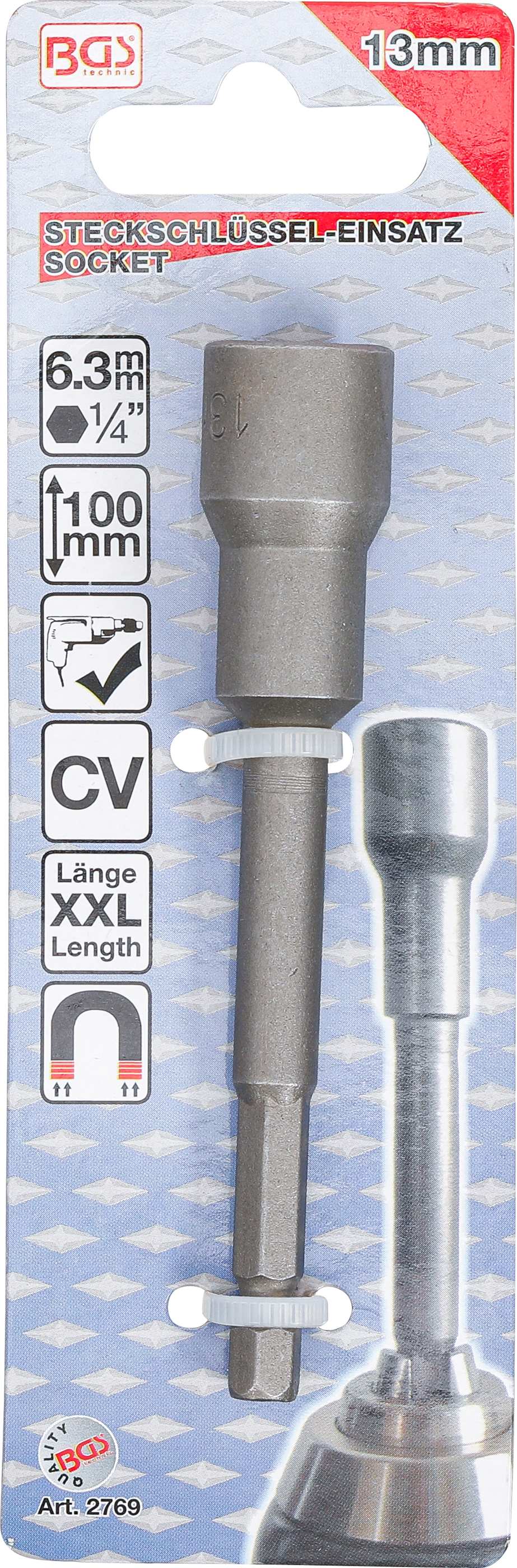 BGS Steckschlüssel-Einsatz Sechskant, extra lang | für Bohrmaschinen | Antrieb Außensechskant 6,3 mm (1/4") | SW 13 mm