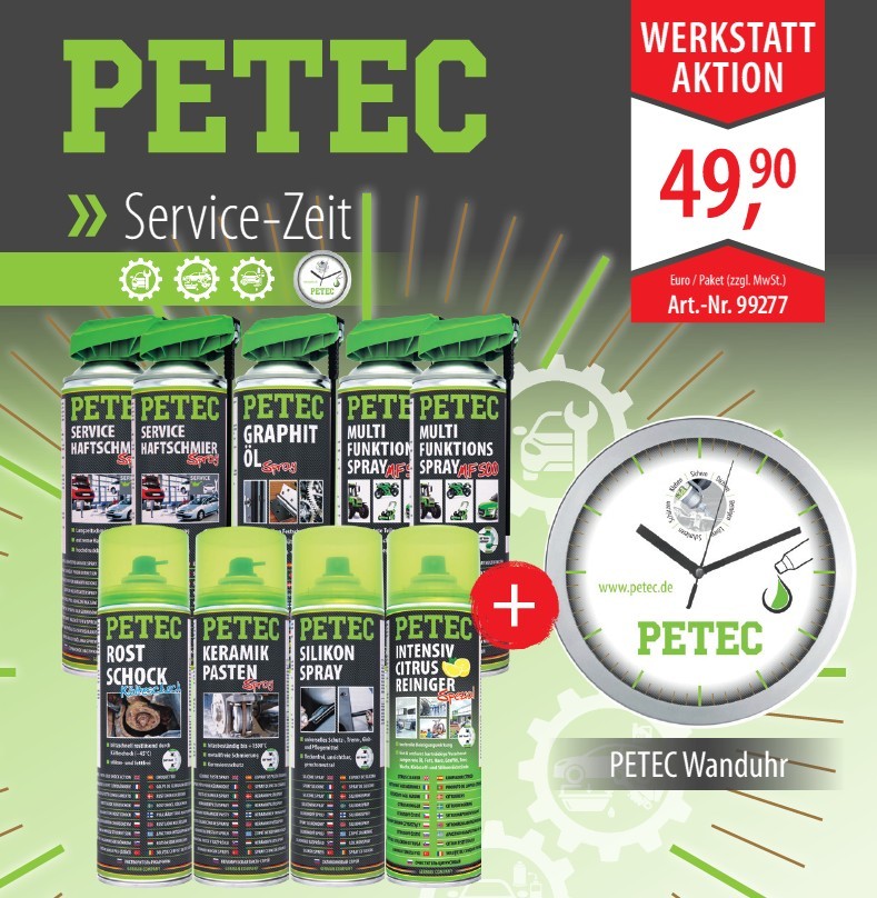 Petec AKTION: Service- Zeit Werkstatt Deal 10tlg 9x Sprays + Wanduhr GRATIS