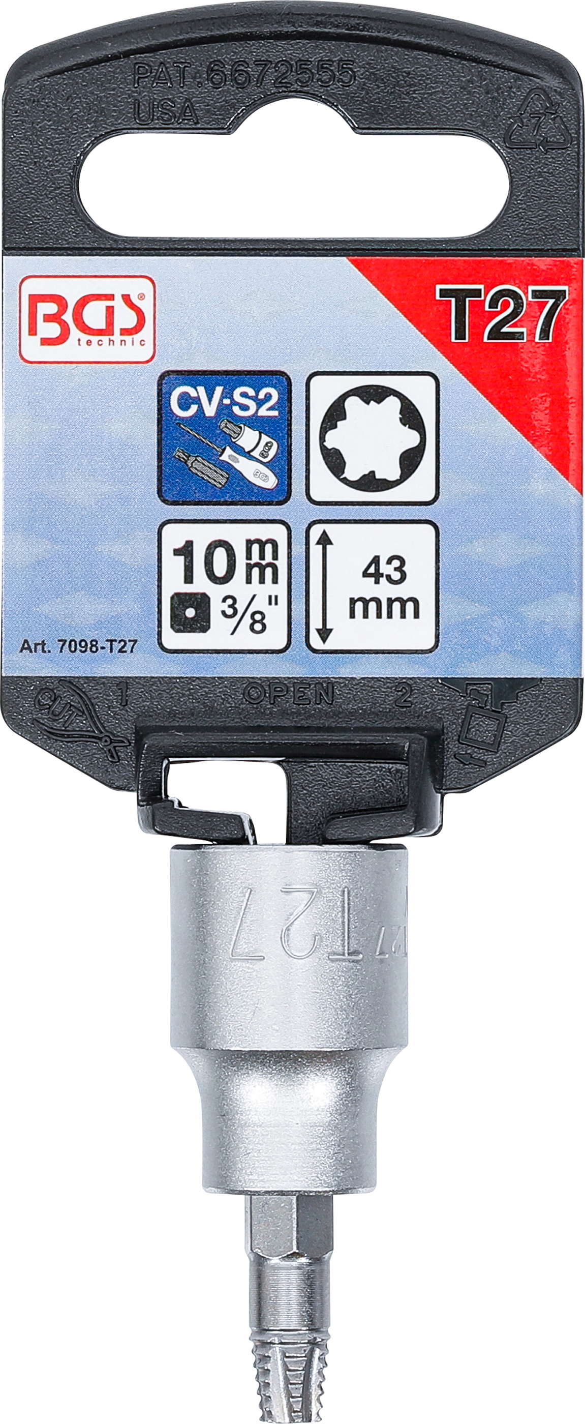 BGS Schraubenausdreher-Bit-Einsatz | Antrieb Innenvierkant 10 mm (3/8") | für defektes T-Profil (für Torx) T27