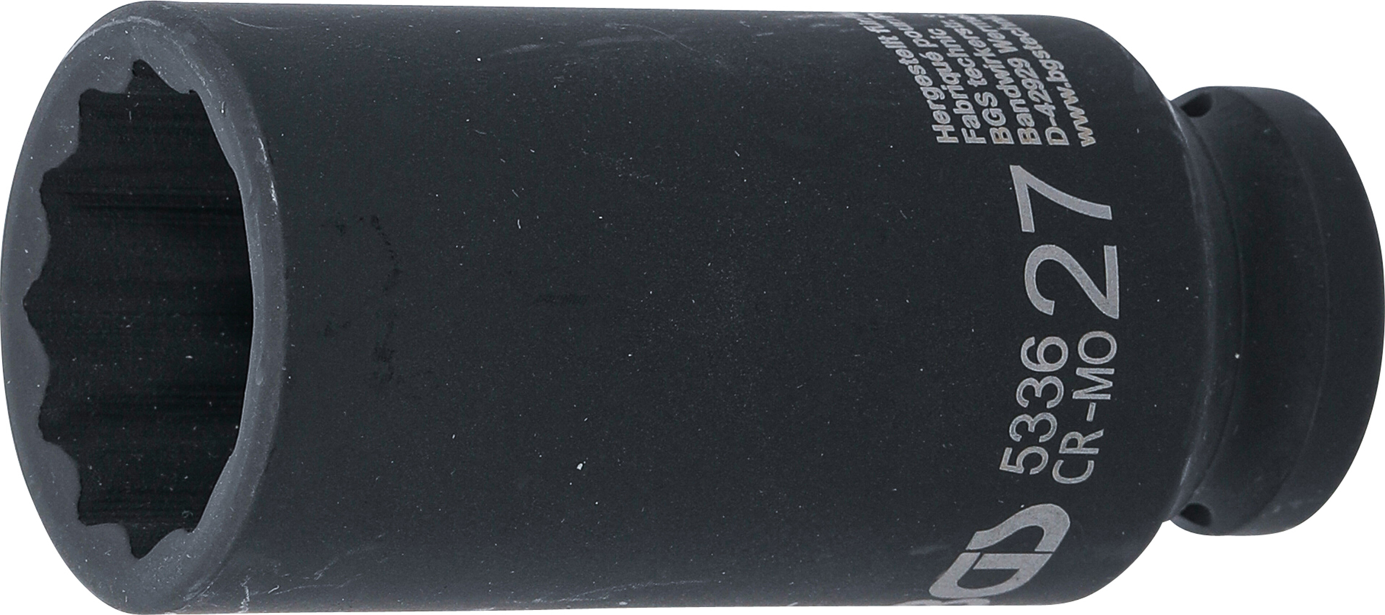 BGS Kraft-Steckschlüssel-Einsatz Zwölfkant, tief | Antrieb Innenvierkant 12,5 mm (1/2") | SW 27 mm