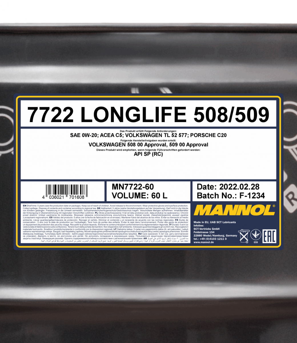 0W-20 Mannol 7722 Longlife 508/509 Motoröl 60 Liter