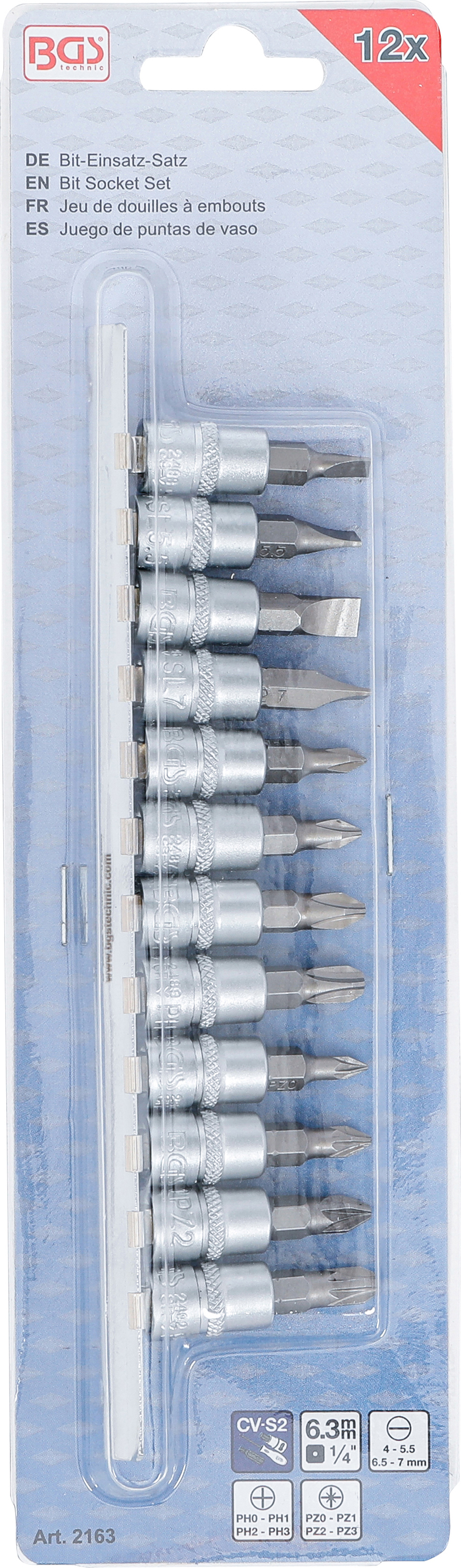 BGS Bit-Einsatz-Satz | Antrieb Innenvierkant 6,3 mm (1/4") | Schlitz, Kreuzschlitz PH, Kreuzschlitz PZ | 12-tlg.