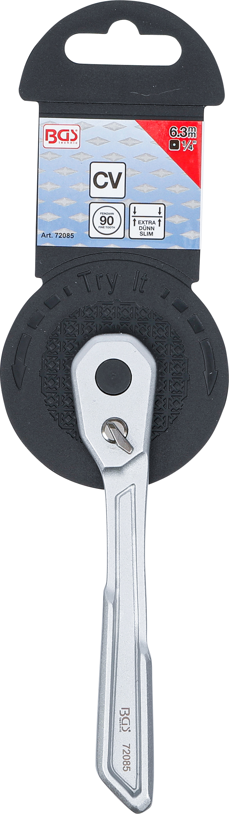 BGS Umschaltknarre | extra flach | feinverzahnt | Abtrieb Außenvierkant 6,3 mm (1/4")