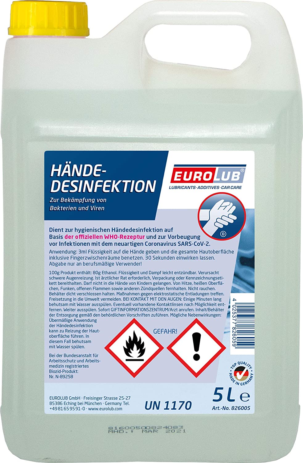 Eurolub Händedesinfektion Desinfektionsmittel Kanister 5 Liter