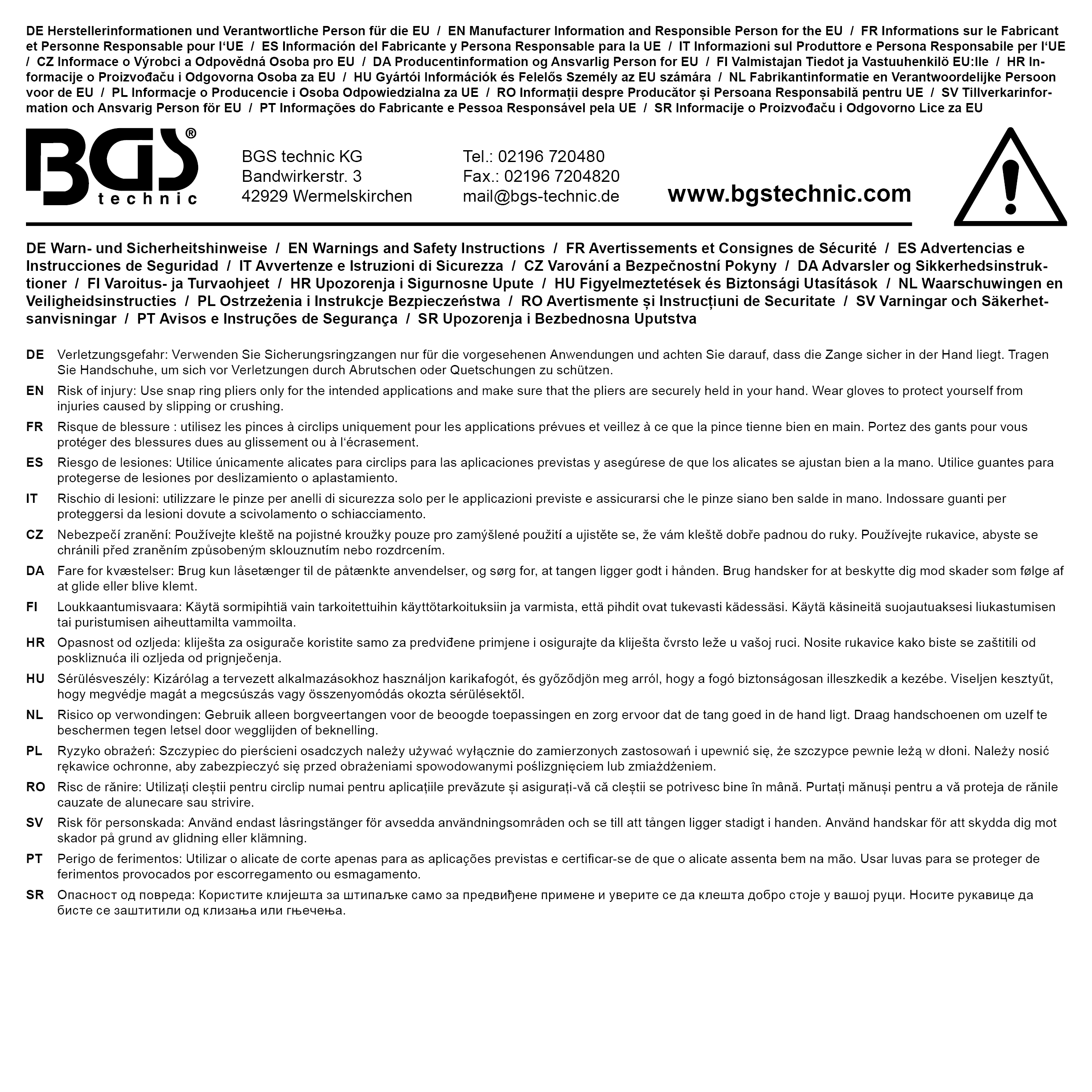 BGS Sprengringzange | abgewinkelt | für Innensprengringe | 250 mm