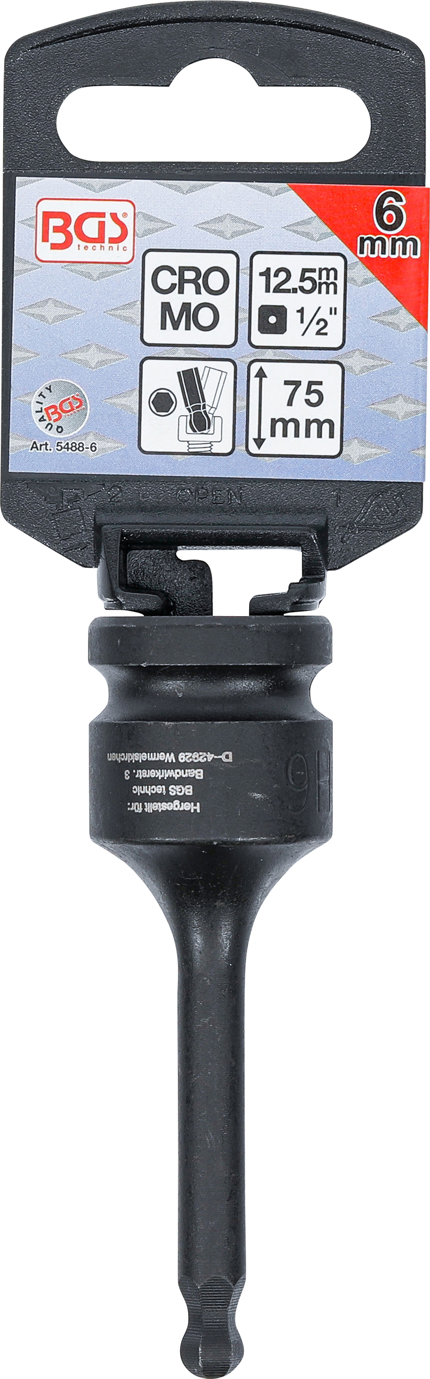 BGS Kraft-Bit-Einsatz | Länge 75 mm | Antrieb Innenvierkant 12,5 mm (1/2") | Innensechskant mit Kugelkopf 6 mm