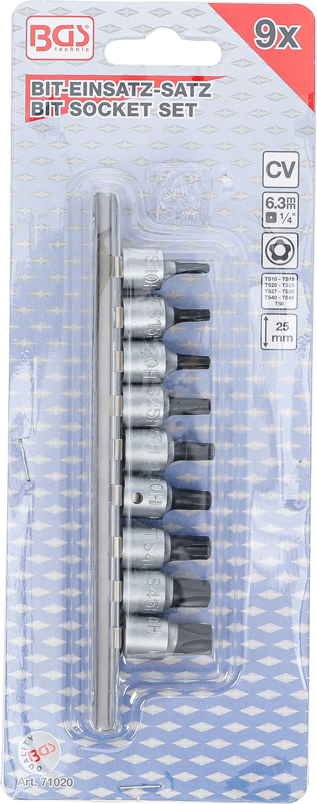 BGS Bit-Einsatz-Satz | Antrieb Innenvierkant 6,3 mm (1/4") | TS-Profil (für Torx Plus) mit Bohrung TS10 - TS50 | 9-tlg.