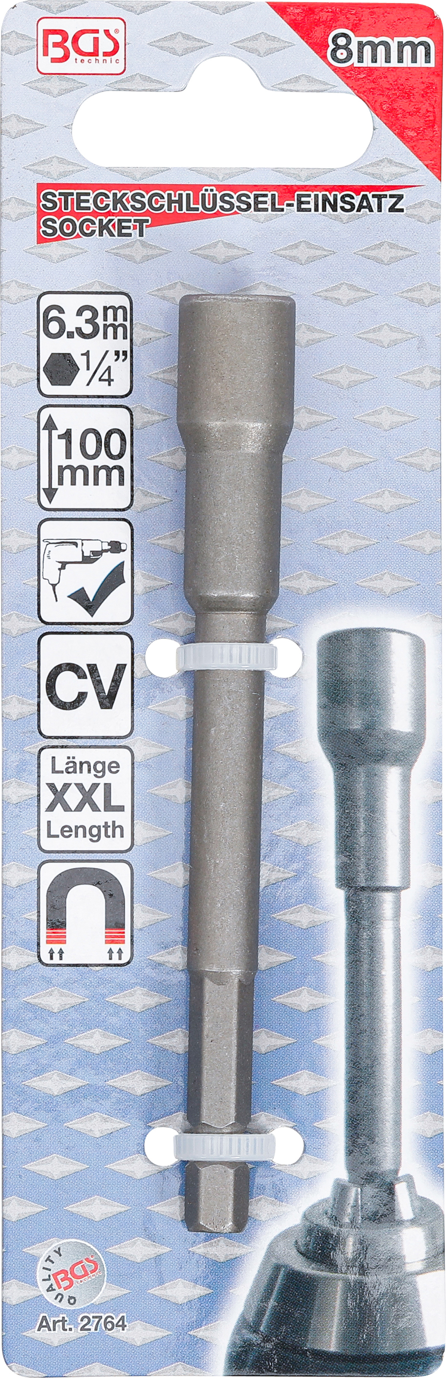 BGS Steckschlüssel-Einsatz Sechskant, extra lang | für Bohrmaschinen | Antrieb Außensechskant 6,3 mm (1/4") | SW 8 mm