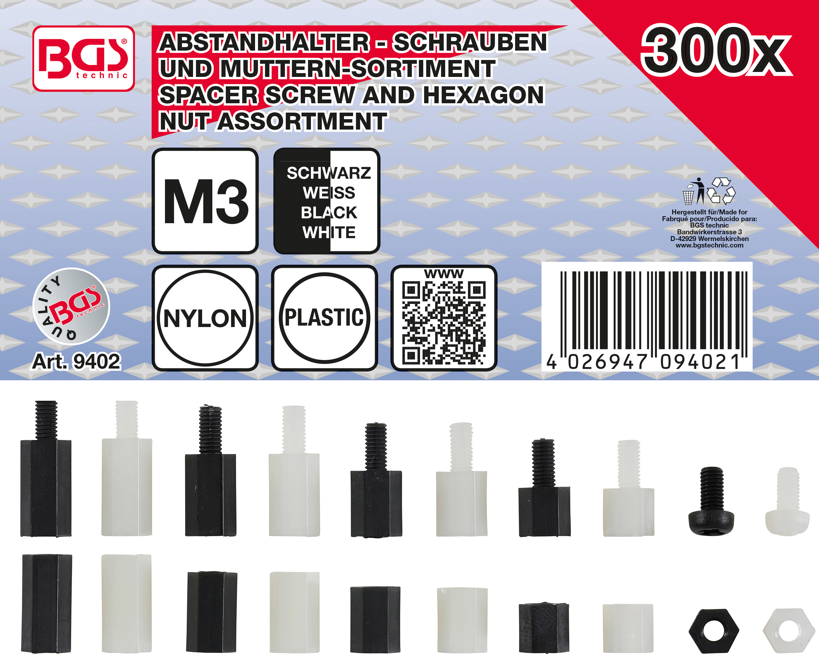 BGS Abstandhalter-Schrauben und Sechskant-Muttern-Sortiment | Nylon | 300-tlg.