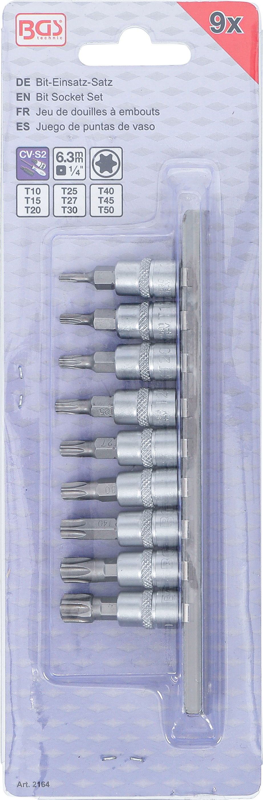 BGS Bit-Einsatz-Satz | Antrieb Innenvierkant 6,3 mm (1/4") | T-Profil (für Torx) T10 - T50 | 9-tlg.