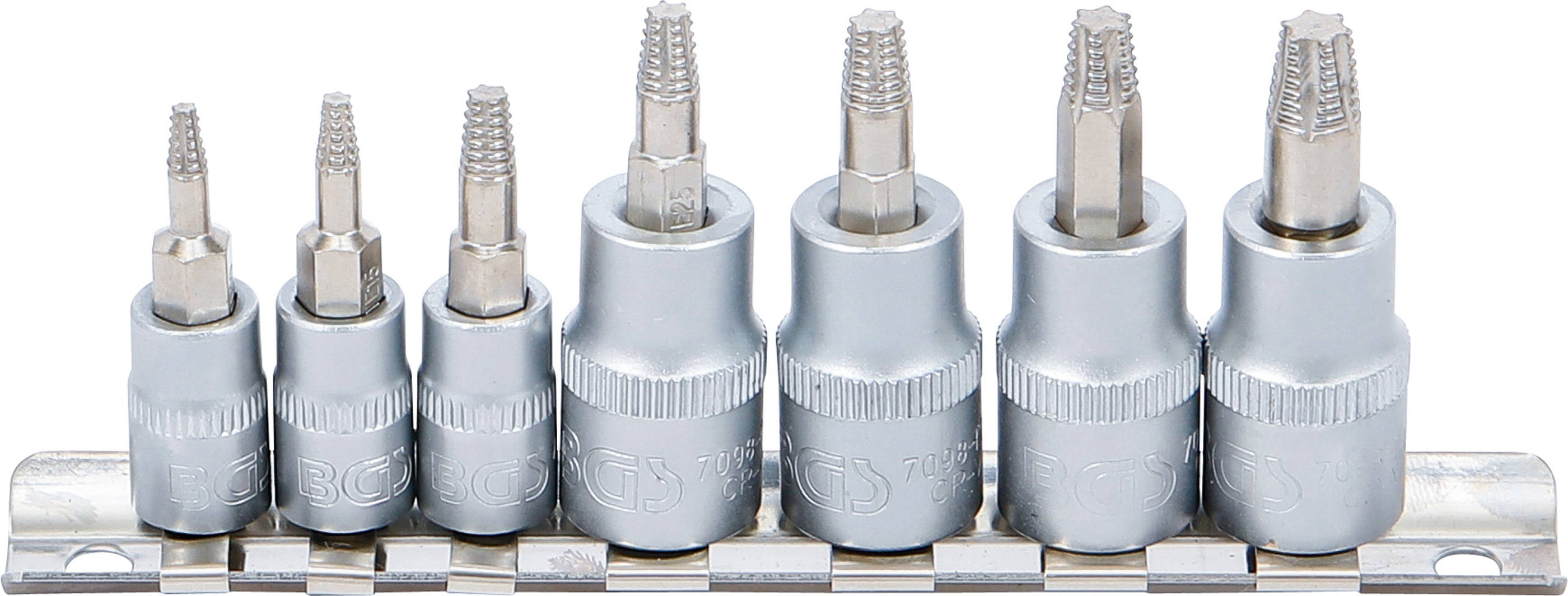 BGS Schraubenausdreher-Bit-Einsatz-Satz | Antrieb Innenvierkant 6,3 mm (1/4") / 10 mm (3/8") | für defektes T-Profil (für Torx) | T10 - T40 | 7-tlg.