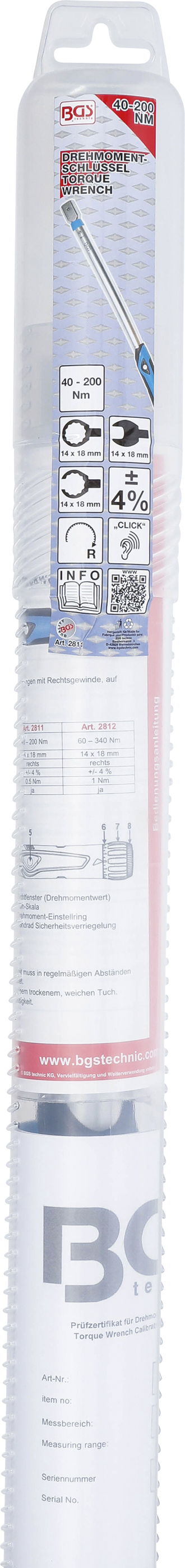 BGS Drehmomentschlüssel | 40 - 200 Nm | für 14 x 18 mm Einsteckwerkzeuge