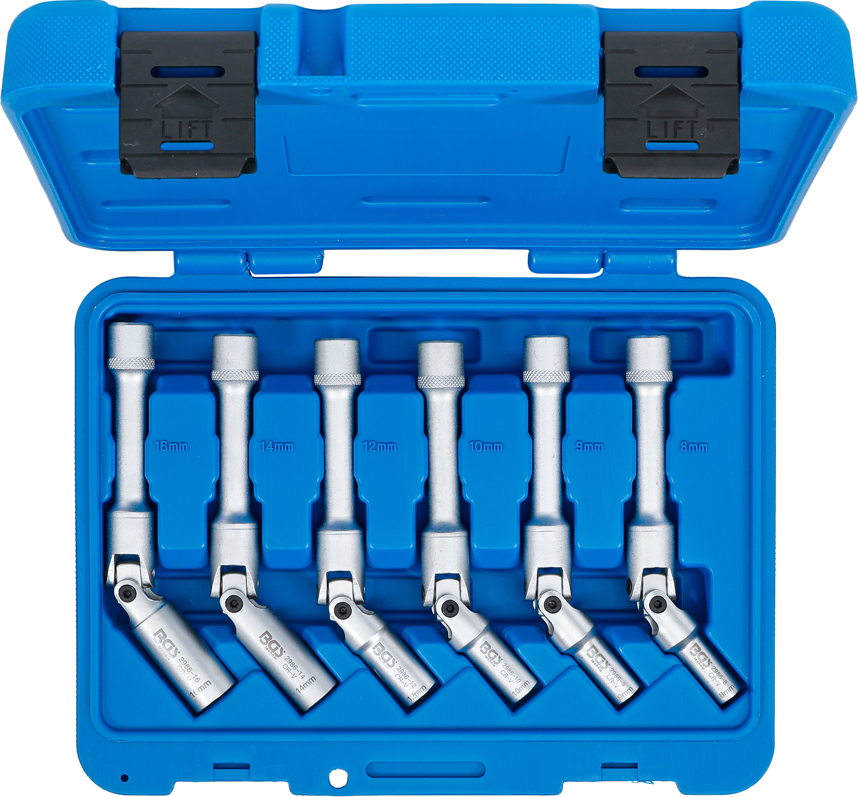 BGS Universal Glühkerzen-Gelenkschlüssel-Satz, Sechskant | Antrieb Innenvierkant 10 mm (3/8") | SW 8 - 16 mm | 6-tlg.