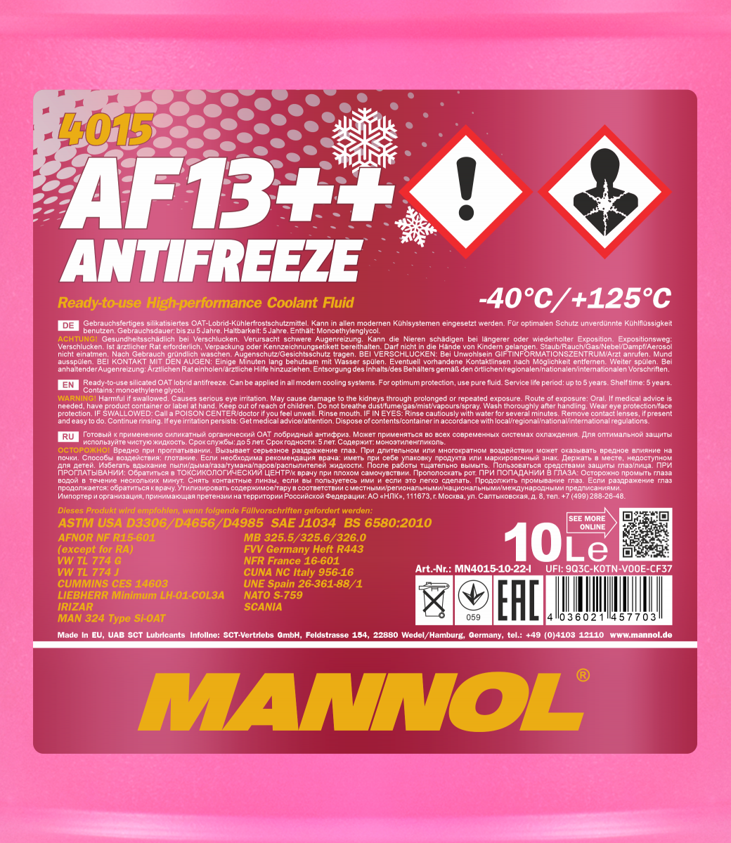 Mannol 4015 Kühlerfrostschutz Antifreeze AF13++ High Performance -40 Fertigmischung 10 Liter