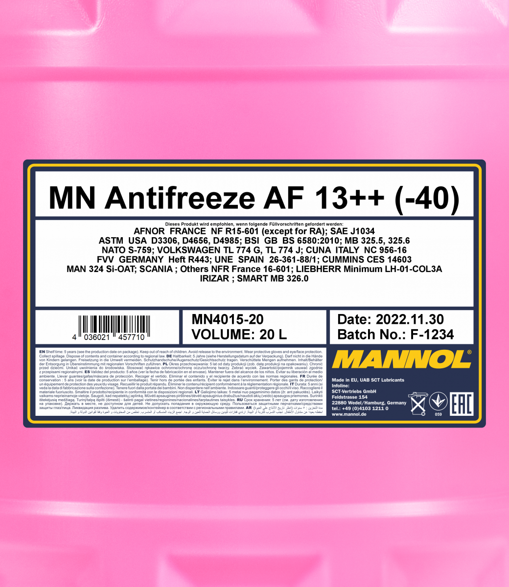 Mannol 4015 Kühlerfrostschutz Antifreeze AF13++ High Performance -40 Fertigmischung 20 Liter