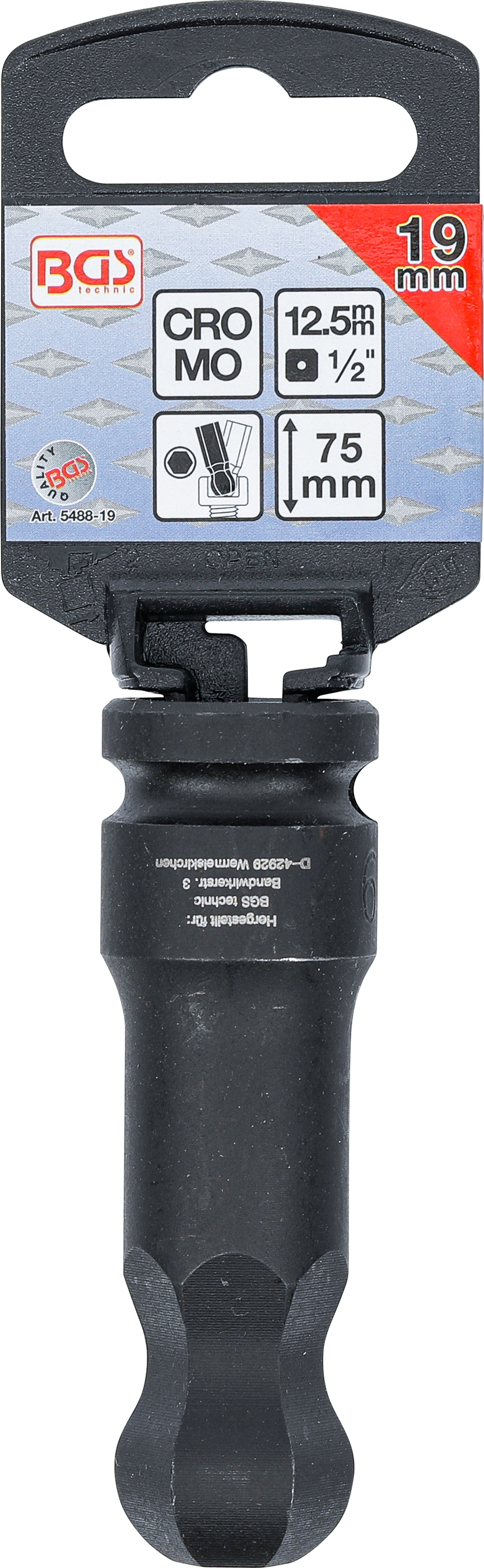 BGS Kraft-Bit-Einsatz | Länge 75 mm | Antrieb Innenvierkant 12,5 mm (1/2") | Innensechskant mit Kugelkopf 19 mm